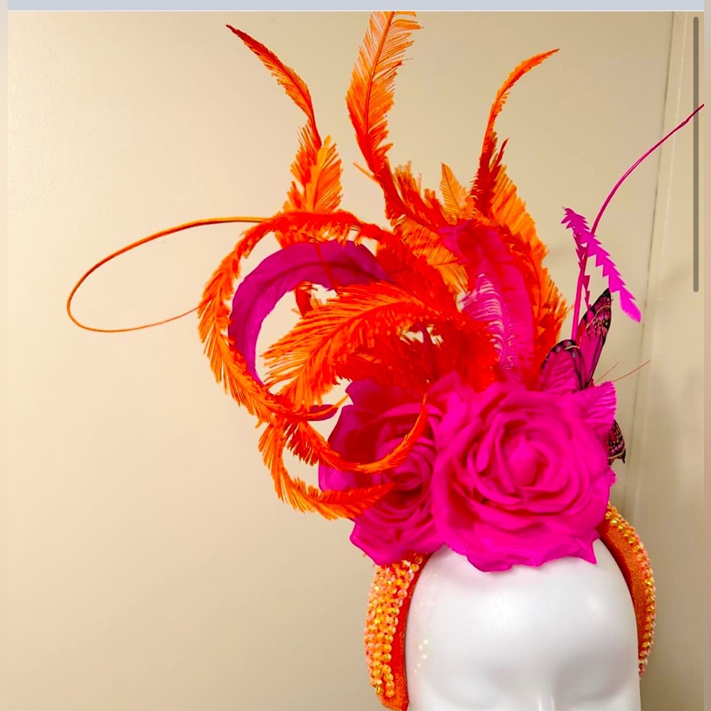 Fascinator. Orange fascinator. Pink fascinator. Orange derby hat. Pink derby hat